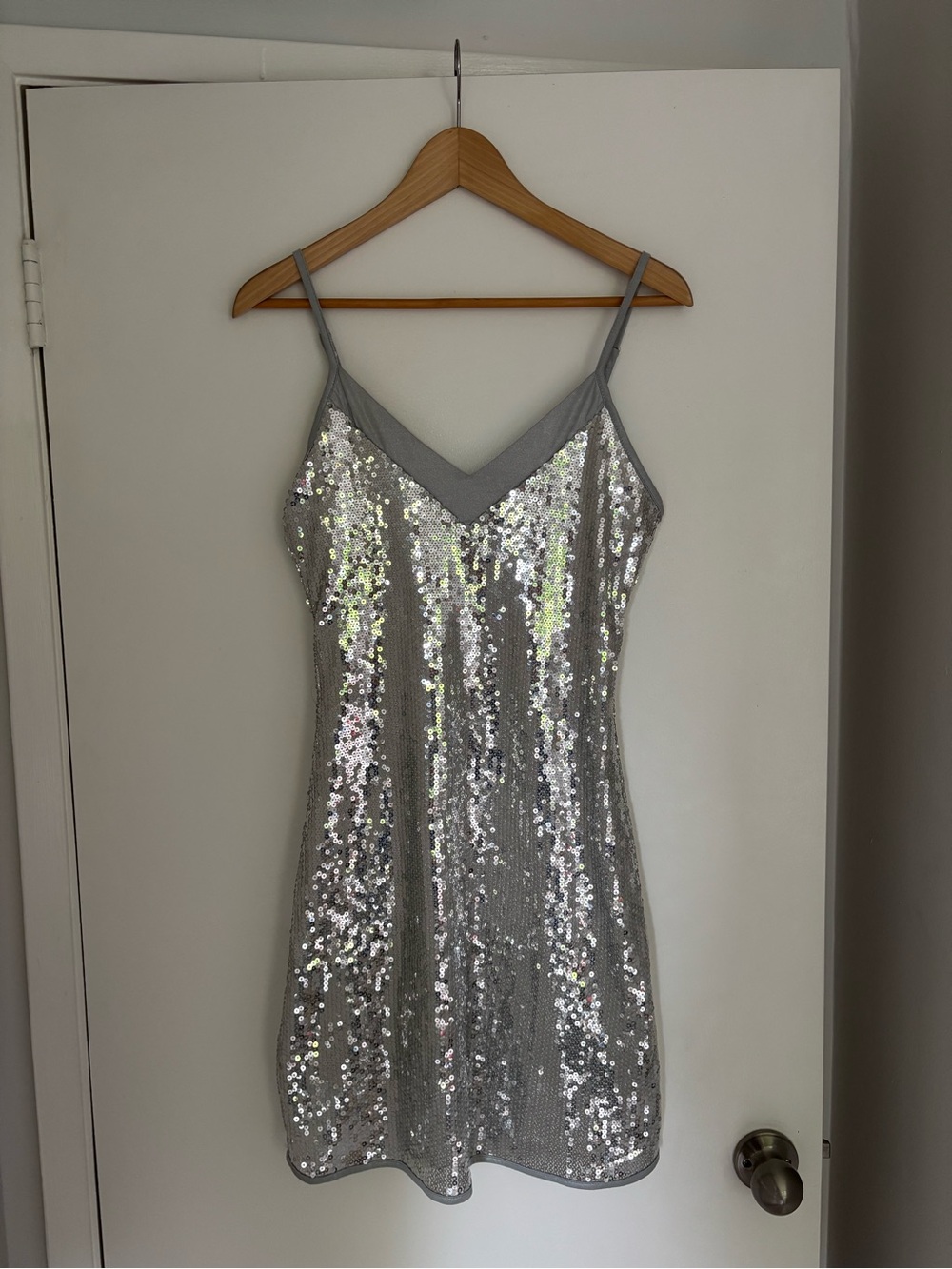 Silver Sequin Slip Dress with V-Neck